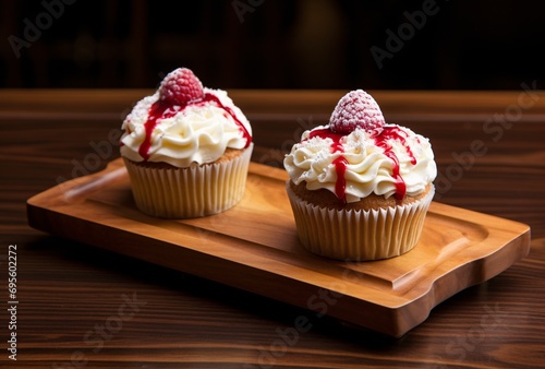 Two Raspberry Cupcakes with White Icing and Red Frosting Generative AI