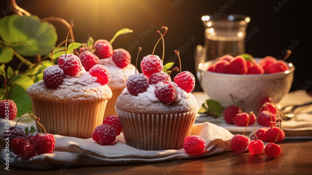 Raspberry Cupcakes with Raspberries on a Table Generative AI Raspberry Cupcakes with Raspberries on a Table Generative AI