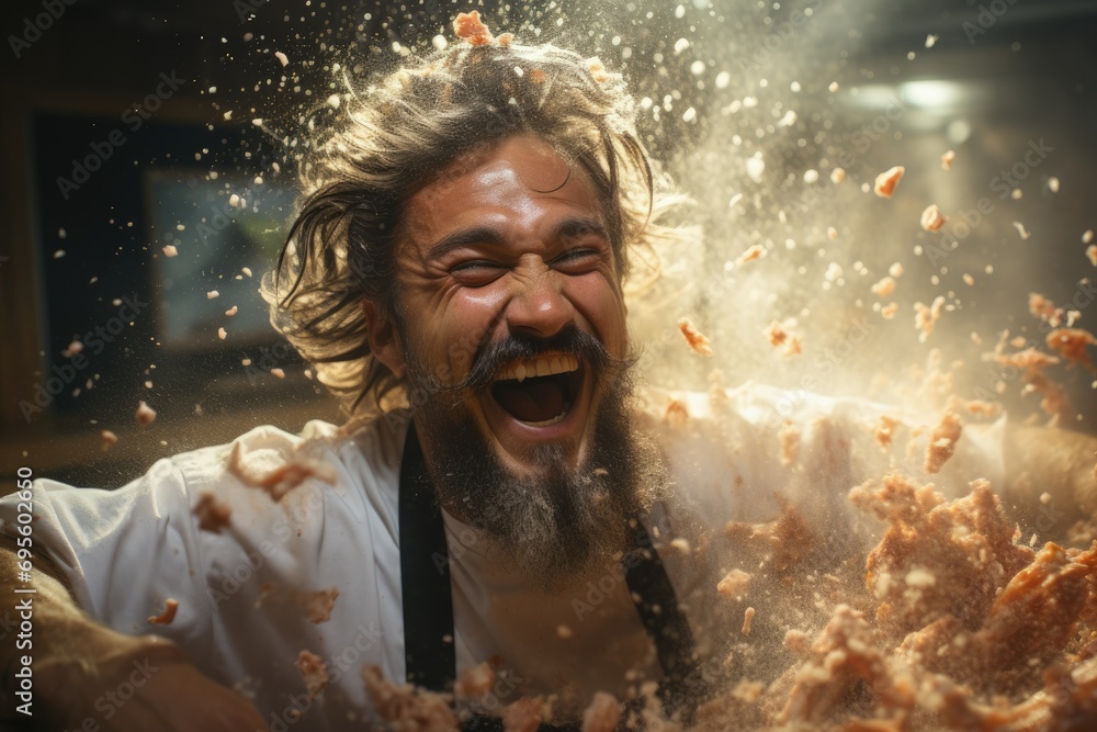Ecstatic Chef: Man Celebrates in Kitchen, Burst of Excitement and Creativity, Great for Culinary Passion Projects. Ecstatic Chef: Man Celebrates in Kitchen, Burst of Excitement and Creativity, Great for Culinary Passion Projects.