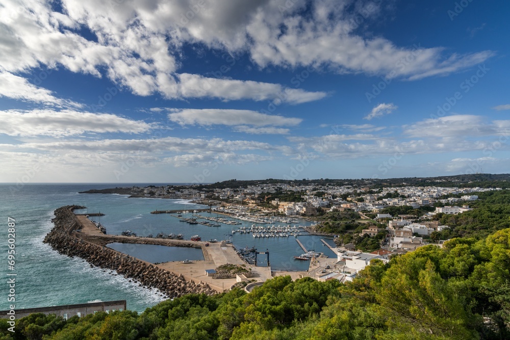 view of the harbor and port town of Santa Marina di Leuca in southern Italy