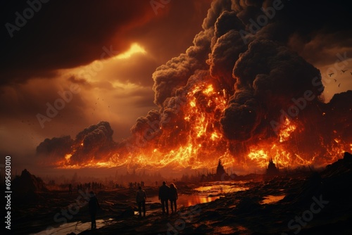 Apocalyptic Inferno - Eruption and Escape: Silhouetted figures flee from a catastrophic volcanic eruption, a stark image of disaster and human vulnerability.