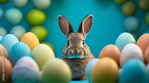 A cute bunny sitting in front of a colorful Easter egg display Generative AI © Vinod