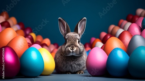 A cute bunny sitting on a table with colorful eggs around it Generative AI
