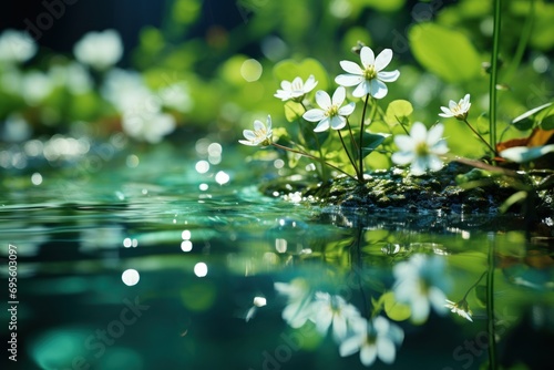  a group of white flowers sitting on top of a green patch of grass next to a body of water on top of a lush green patch of grass covered with white flowers.