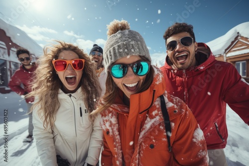 Joyful Friends in Snowy Mountains: A group of cheerful friends in winter gear enjoying a snowy day, capturing the excitement of a winter adventure.