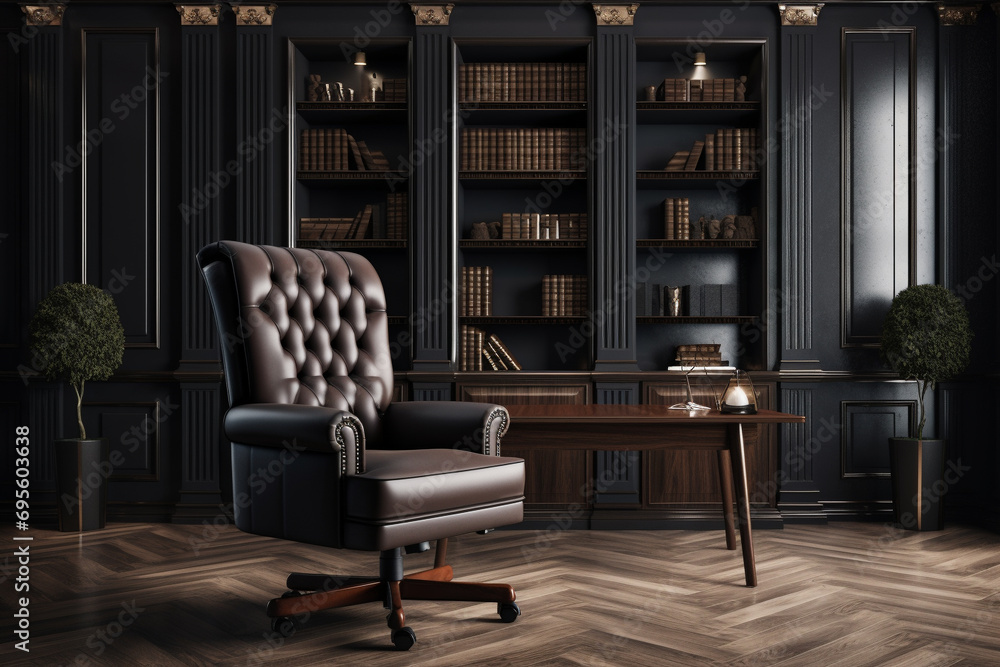 A luxury leather office chair mockup in an executive office, with a sophisticated and professional setting.