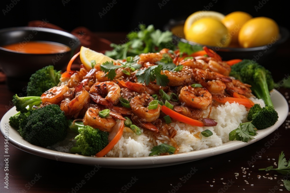  a plate of food with shrimp, broccoli, carrots, and rice on a table next to some lemons and a bowl of sauce on the side.