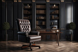 A luxury leather office chair mockup in an executive office, with a sophisticated and professional setting.