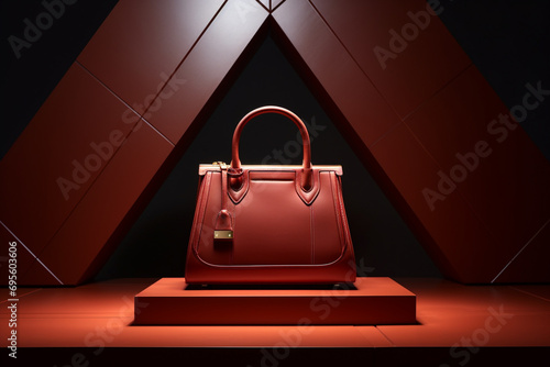 A luxury handbag mockup, made of high-quality leather, showcased on a pedestal with spotlight.