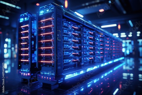 Data Center Servers Glow: Row of illuminated servers in a data center, symbolizing the power of modern computing. photo