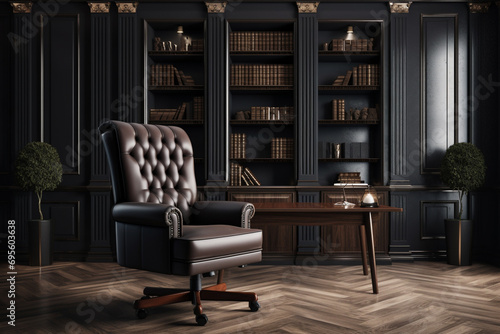A luxury leather office chair mockup in an executive office, with a sophisticated and professional setting. photo