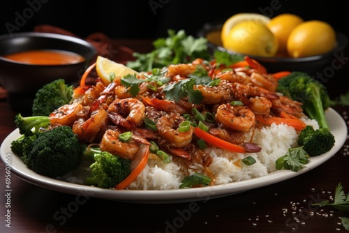  a plate of food with shrimp, broccoli, carrots, and rice on a table next to some lemons and a bowl of sauce on the side.