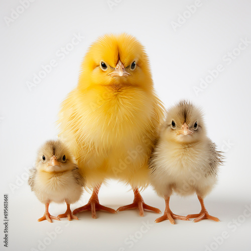 Two small chick chicks and one big one isolated on white close-up 