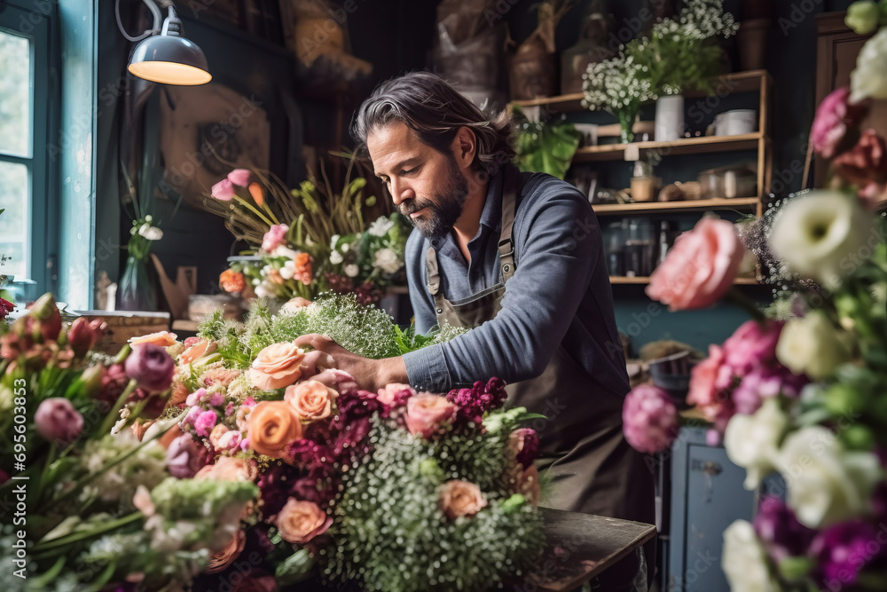 A middle-aged man, a salesman in a flower shop, smiles. Business concept.