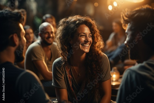 Joyful Social Gathering: A woman laughs heartily amongst friends, embodying warmth and happiness in a communal setting.