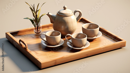 A mockup of a gourmet tea set, with delicate cups and a teapot, on a bamboo tray.
