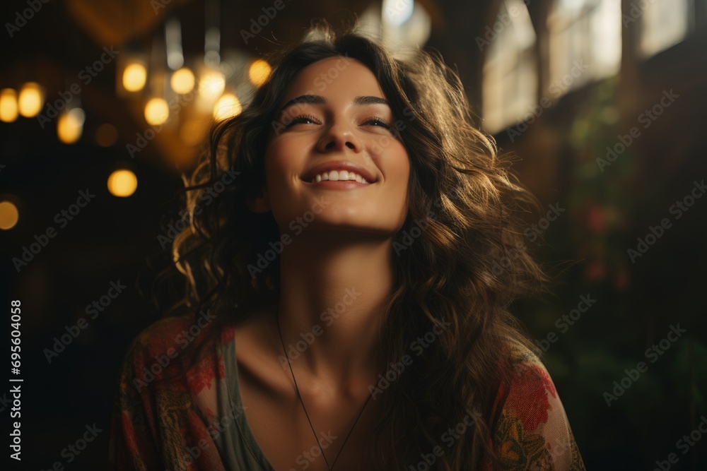 Joyful Serenity: Radiant woman smiling genuinely, capturing happiness, warmth, and carefree spirit indoors. Joyful Serenity: Radiant woman smiling genuinely, capturing happiness, warmth, and carefree spirit indoors.