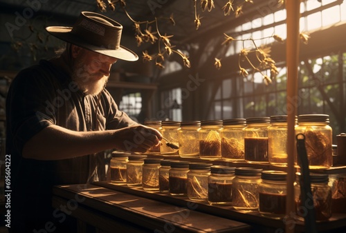 An Old Man in a Hat Tending to Jars of Seeds Generative AI