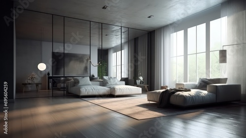 Modern interior design, in a spacious living room 