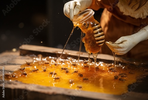 A person pouring honey into a jar Generative AI