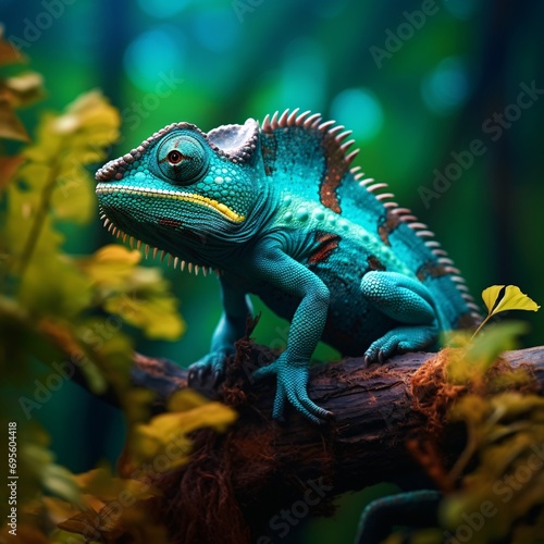 A vibrant blue and green lizard perched on a tree branch Generative AI © Vinod