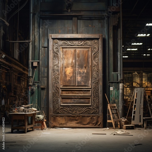 An old door with a carved design in a dark room Generative AI