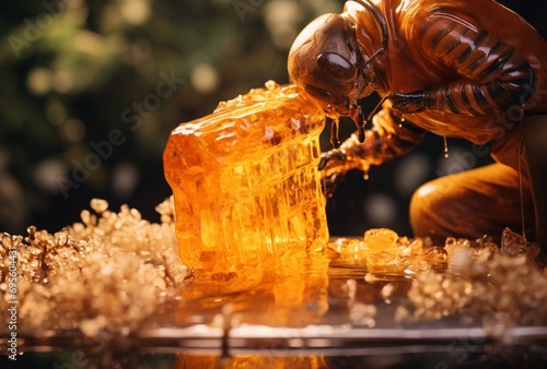 A man pouring honey into a jar, with a close-up of the honey dripping out of the jar. Generative AI