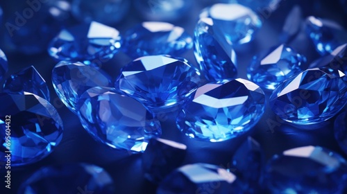  a group of blue diamonds sitting next to each other on top of a black surface with a blue light shining on them.