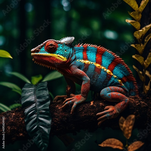 A vibrant lizard perched on a tree branch Generative AI