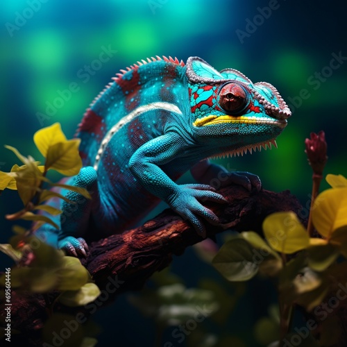 A vibrant blue and green chameleon perched on a tree branch Generative AI © Vinod