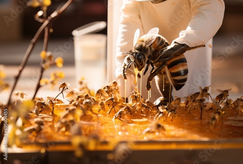 A person pouring honey into a beehive filled with bees Generative AI