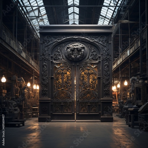 A grand entrance to a building with a large door and ornate design Generative AI