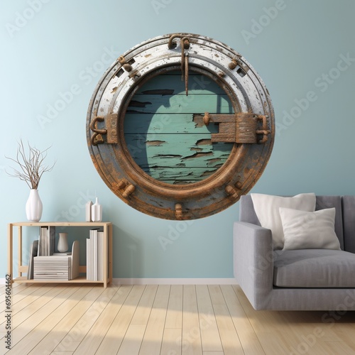 A vintage-looking safe with a rusty door and a blue background Generative AI