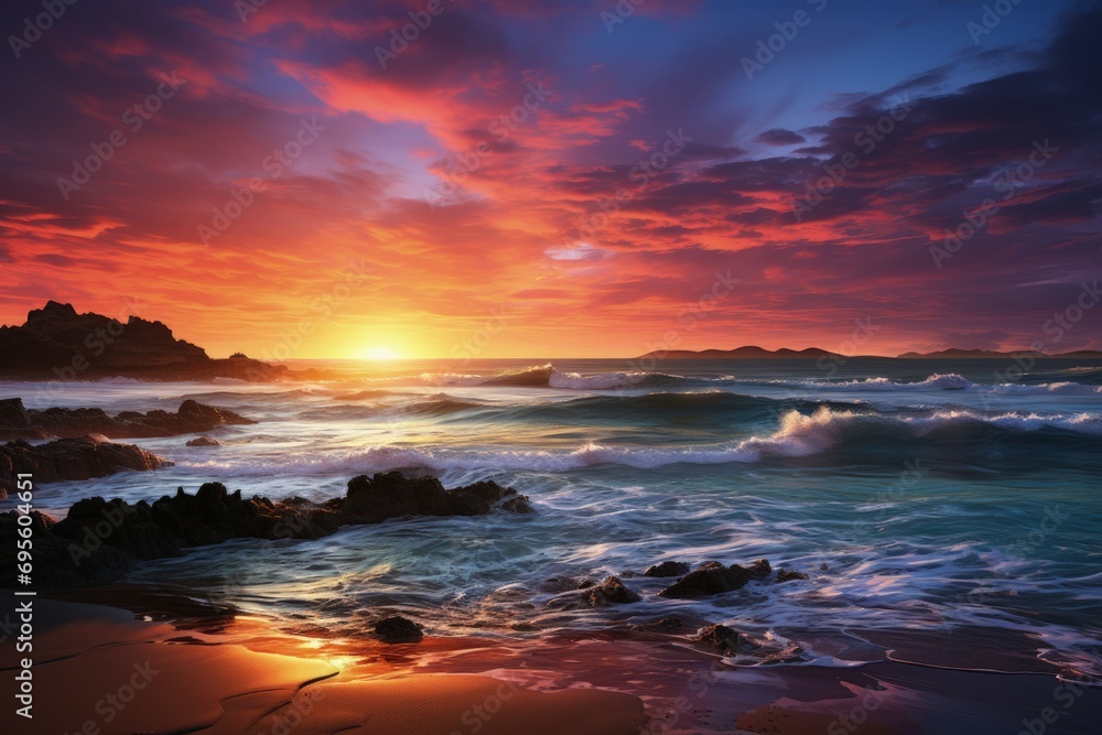 Sunset Seascape, Dramatic Sky Over Ocean, Waves Hitting Rocks, Serenity and Nature's Grandeur.