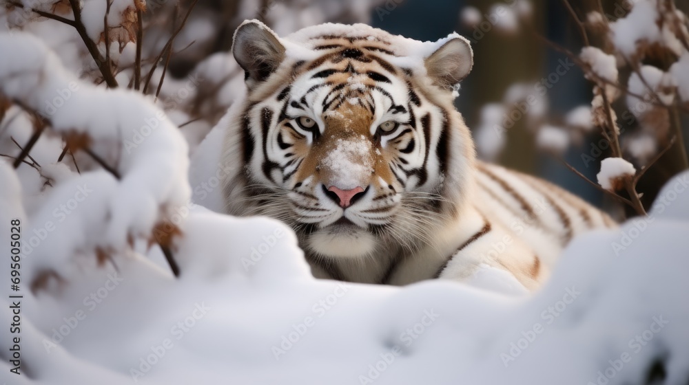  a close up of a tiger in the snow with snow on it's face and trees in the background.