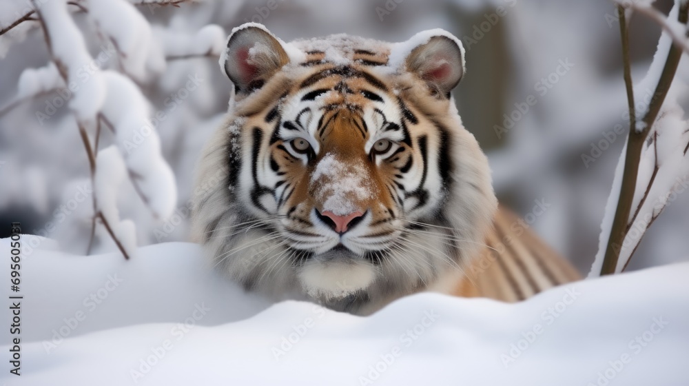 Obraz premium a close up of a tiger in the snow with trees in the foreground and snow on the ground in the background.