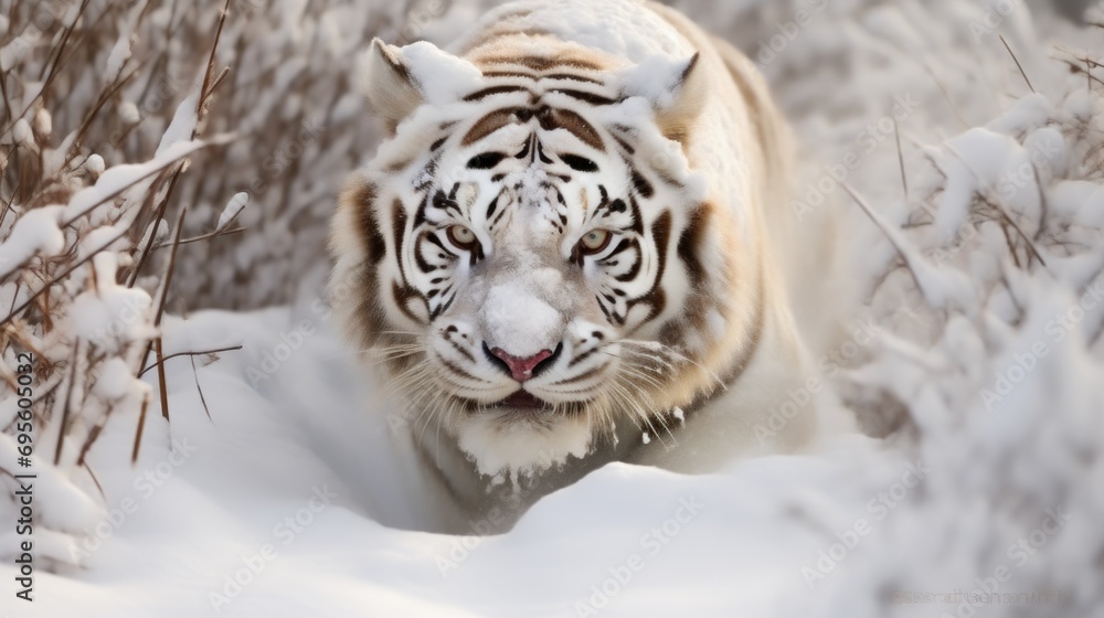 Obraz premium a white tiger walking through the snow in a wooded area with snow on the ground and bushes in the foreground.