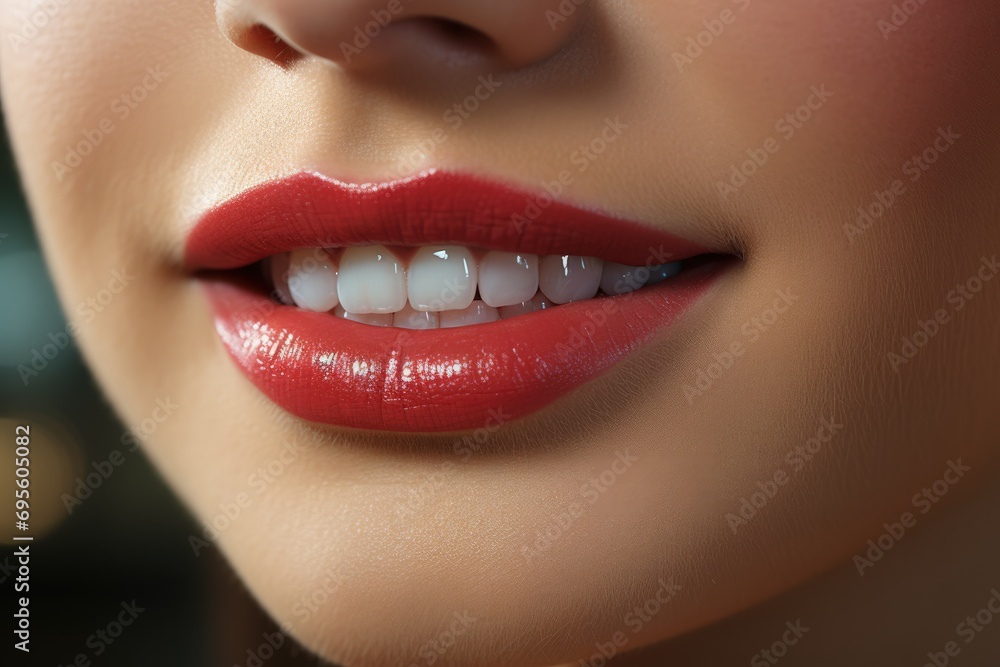 Close-Up Smile with Red Lipstick: A macro shot of a woman's smile with vibrant red lipstick, showcasing dental beauty and confident femininity. Close-Up Smile with Red Lipstick: A macro shot of a woman's smile with vibrant red lipstick, showcasing dental beauty and confident femininity.