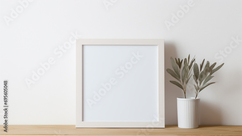 A mockup of a stylish, minimalist picture frame, with a white border, on a light wooden surface. © Creative artist1