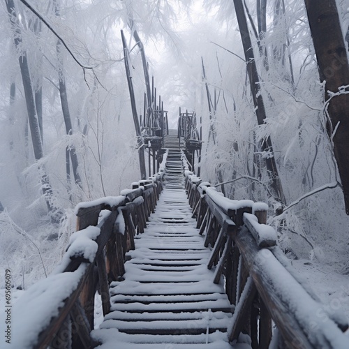 Winter Scenery: Snow-Covered Stairs and Bridge Generative AI