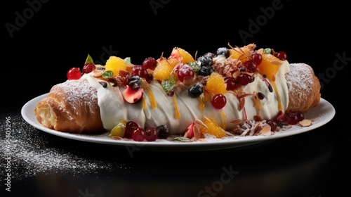  a white plate topped with a croissant covered in icing and fruit on top of a black table.