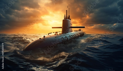 A submarine in the ocean at sunset Generative AI