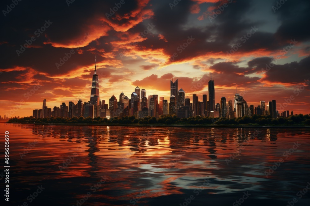 Sunset Silhouette of City Skyline: Fiery sunset behind a cityscape, reflecting off water, conveying grandeur and end-of-day serenity.