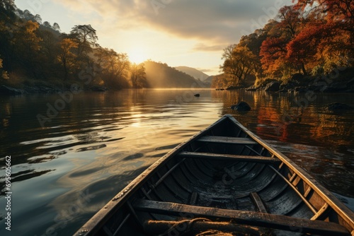 Serene Canoe Journey at Sunrise: Bask in the tranquil beauty of a calm river scene as the sun's rays peek through autumnal trees, evoking peace and reflection.