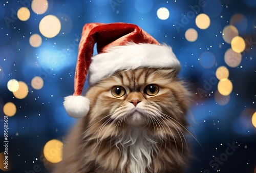 A fluffy cat wearing a Santa hat Generative AI