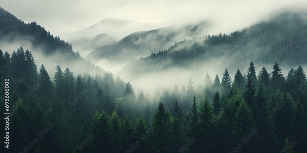 Misty Mountainside Forest Generative AI - obrazy, fototapety, plakaty 