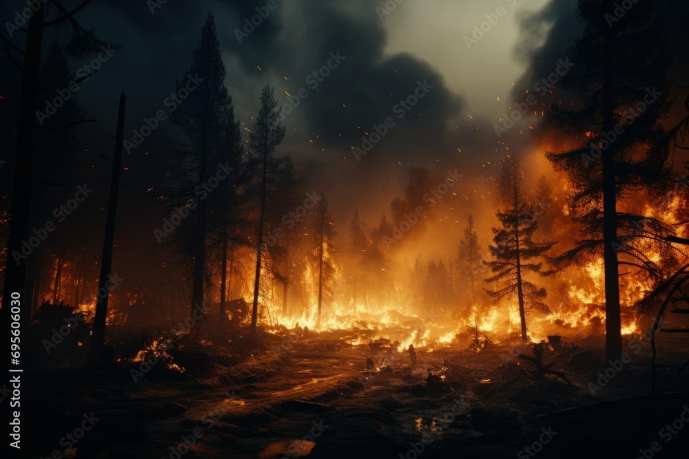 Forest Inferno: A devastating forest fire rages at night, evoking a sense of loss and the power of nature's fury. Forest Inferno: A devastating forest fire rages at night, evoking a sense of loss and the power of nature's fury.