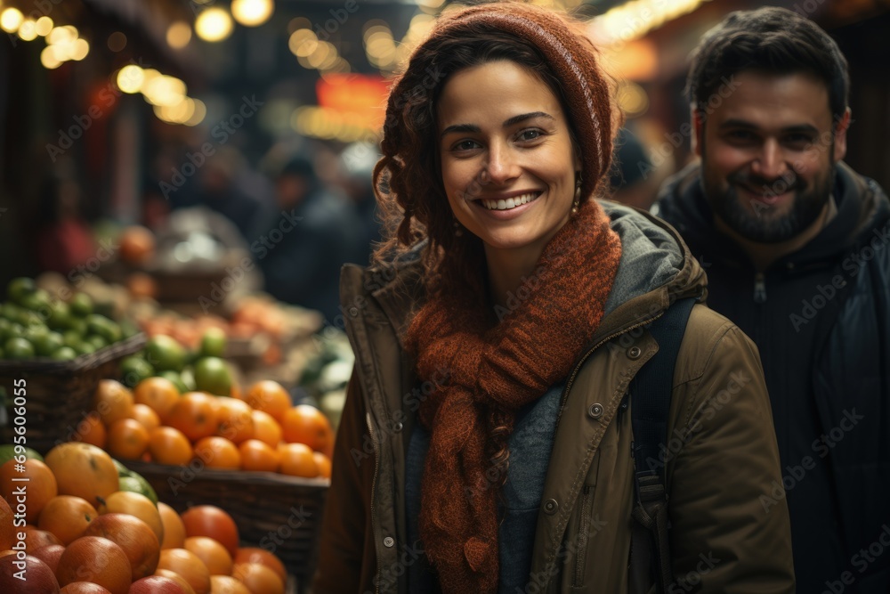 Market Joy: A smiling couple shopping at an outdoor market, reflecting happiness and a casual, vibrant lifestyle. Market Joy: A smiling couple shopping at an outdoor market, reflecting happiness and a casual, vibrant lifestyle.