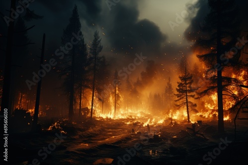 Forest Inferno: A devastating forest fire rages at night, evoking a sense of loss and the power of nature's fury. © ZenOcean_DigitalArts