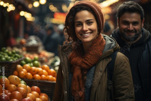 Market Joy: A smiling couple shopping at an outdoor market, reflecting happiness and a casual, vibrant lifestyle. © ZenOcean_DigitalArts